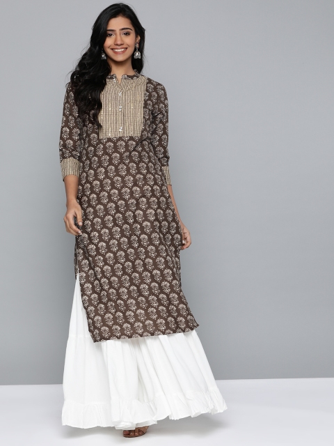 

HERE&NOW Women Brown & White Printed Straight Kurta