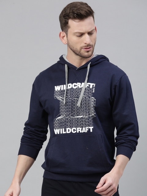 

Wildcraft Men Navy Blue & White Printed Hooded Sweatshirt