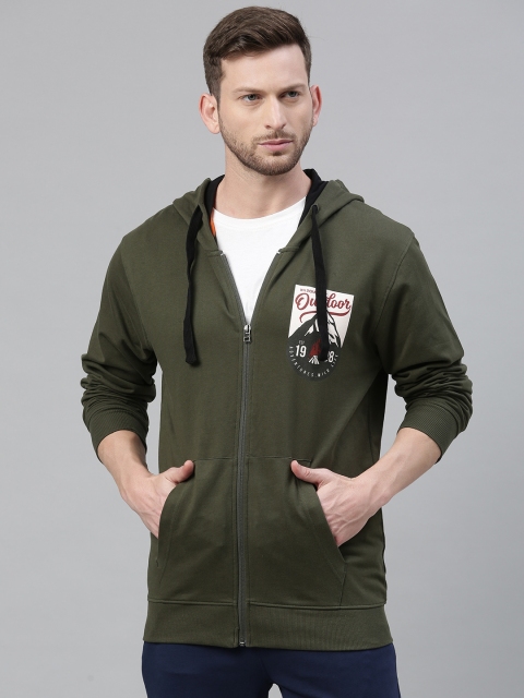 

Wildcraft Men Olive Green Solid Hooded Sweatshirt with Printed Detailing
