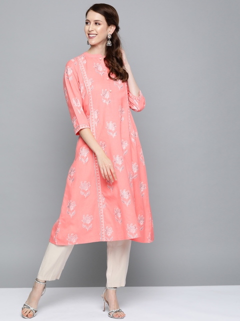 

HERE&NOW Women Pink & Off-White Floral Print A-Line Kurta