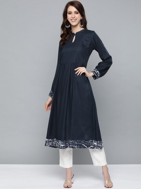 

HERE&NOW Women Navy Blue Solid A-Line Kurta