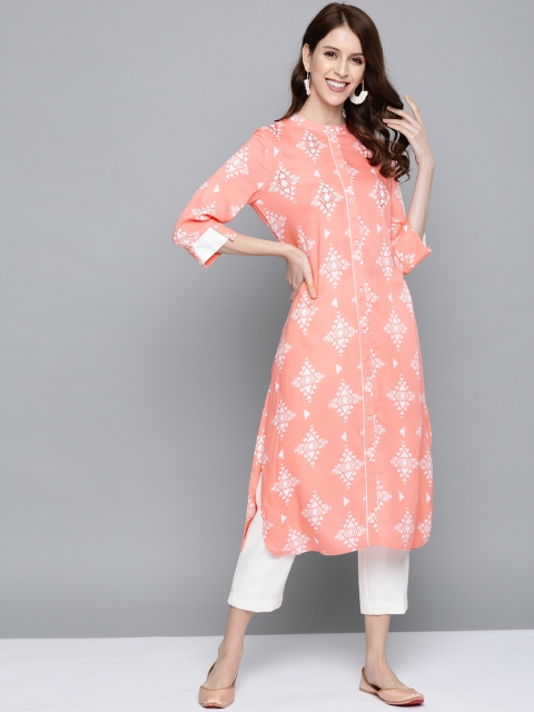 

HERE&NOW Women Pink & White Geometric Print Straight Kurta