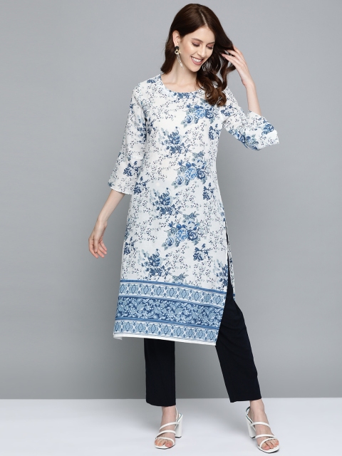 

HERE&NOW Women White & Blue Floral Print Straight Kurta