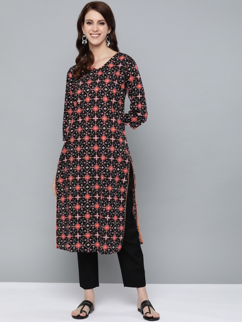 

HERE&NOW Women Black & Red Printed Straight Kurta