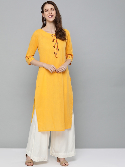 

HERE&NOW Women Mustard Yellow Floral Embroidered Detail Solid Straight Kurta