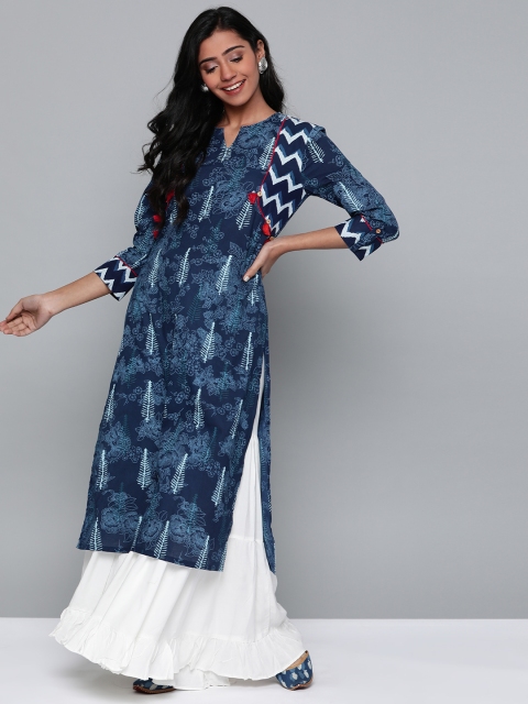 

HERE&NOW Women Blue & White Printed Straight Kurta