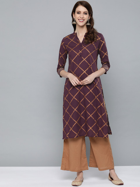

HERE&NOW Women Purple & Golden Checked Straight Kurta