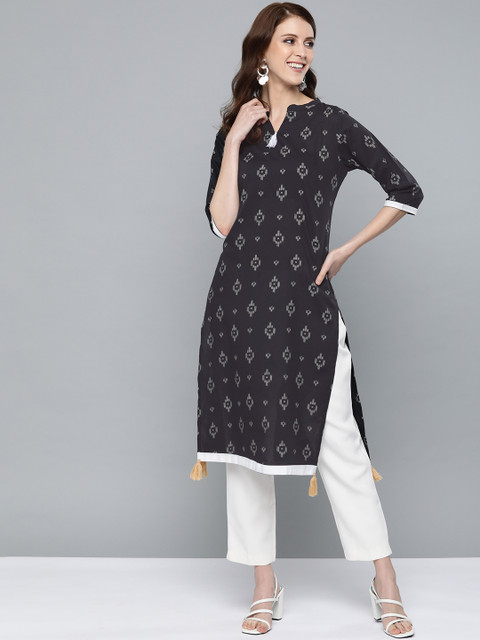 

HERE&NOW Women Black & Off-White Ikat Print Straight Kurta