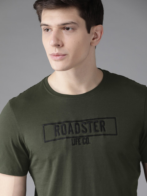 

Roadster Men Olive Green Antiviral & Antibacterial protection Brand Carrier Solid Round Neck T-shirt
