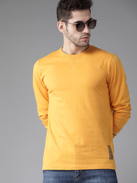 

Roadster Men Mustard Yellow Antiviral & Antibacterial protection Solid Round Neck T-shirt with tipping