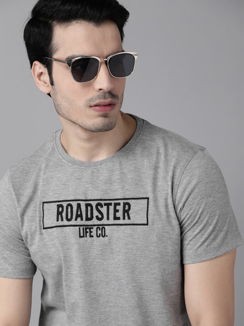

Roadster Men Grey Melange Embroidered Detail Antiviral & Antibacterial protection Brand Carrier T-shirt