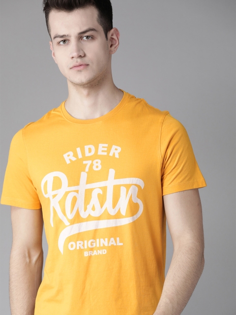 

Roadster Men Mustard Yellow & White Printed Antiviral & Antibacterial protection Brand Carrier T-shirt