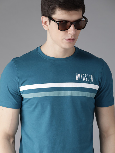 

Roadster Men Teal Blue & White Aloe Vera Finish Striped Round Neck T-shirt