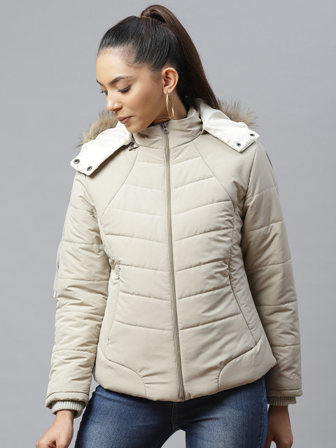 

Foreign Culture By Fort Collins Women Beige Solid Lightweight Detachable Hood Parka Jacket
