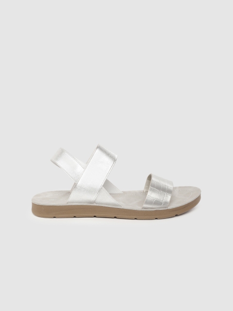 

Mast & Harbour Women Silver-Toned Croc Textured Open Toe Flats
