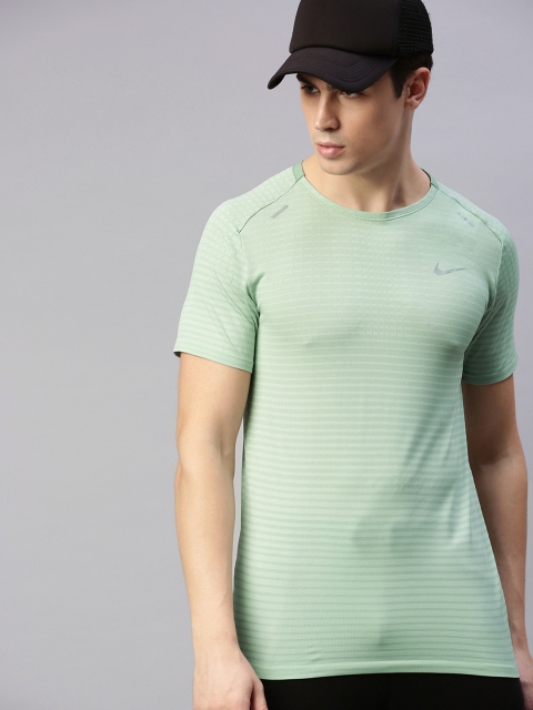 

Nike Men Green Striped SHORT SLEEVE Dri-FIT Round Neck T-shirt