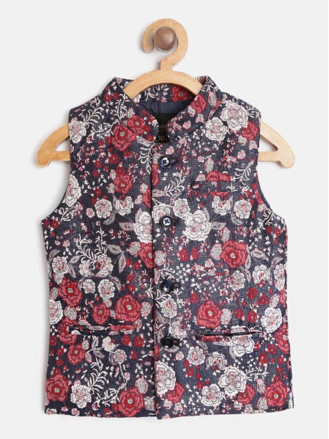 

Gini and Jony Boys Navy Blue & Red Floral Woven Design Nehru Jacket