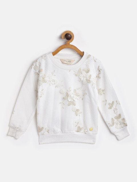 

Gini and Jony Girls White & Golden Floral Embroidered Net Layered Sweatshirt