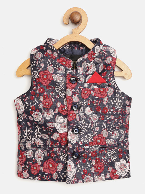 

Gini And Jony Boys Navy Blue & Red Woven Design Nehru Jacket
