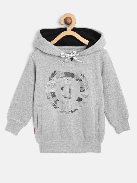 

Gini and Jony Boys Grey Melange Brand Logo Printed Hooded Sweatshirt