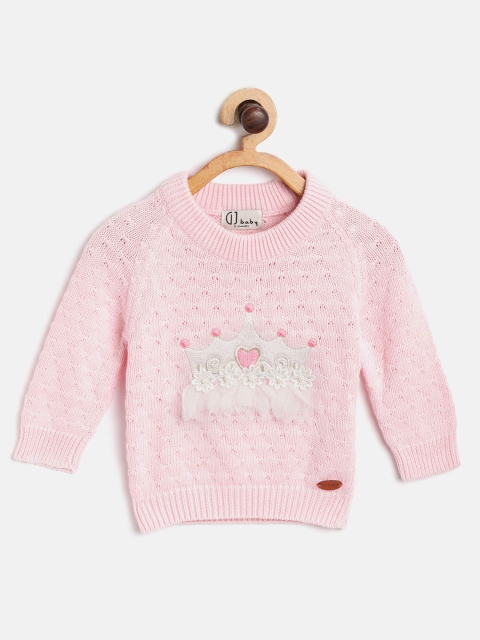 

Gini and Jony Girls Pink Self-Design Pullover Sweater Embroidered Detail