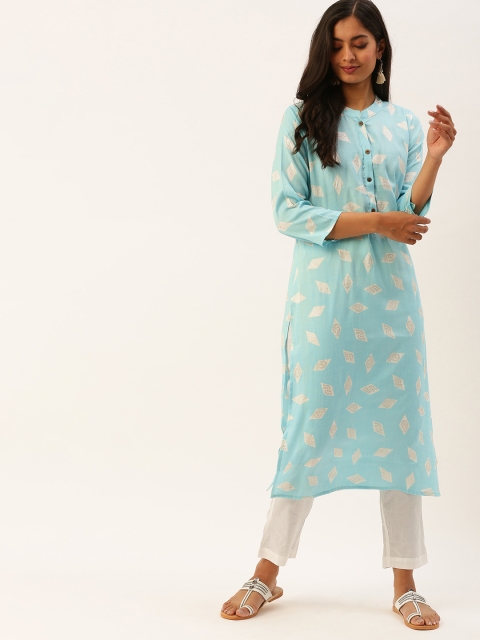 

CATCHY Women Blue & White Printed Kurta with Trousers
