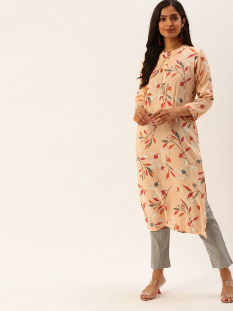 

CATCHY Women Peach-Coloured & Grey Floral Printed Kurta with Trousers