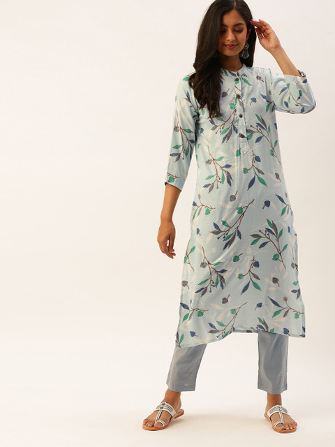 

CATCHY Women Blue & Grey Printed Kurta with Trousers