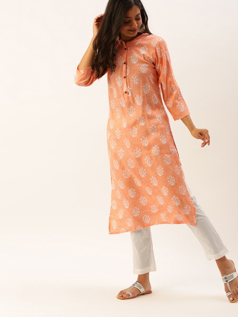 

CATCHY Women Peach-Coloured & White Printed Kurta with Trousers