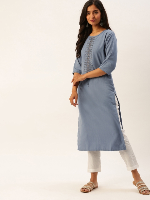 

CATCHY Women Blue Embroidered Straight Kurta