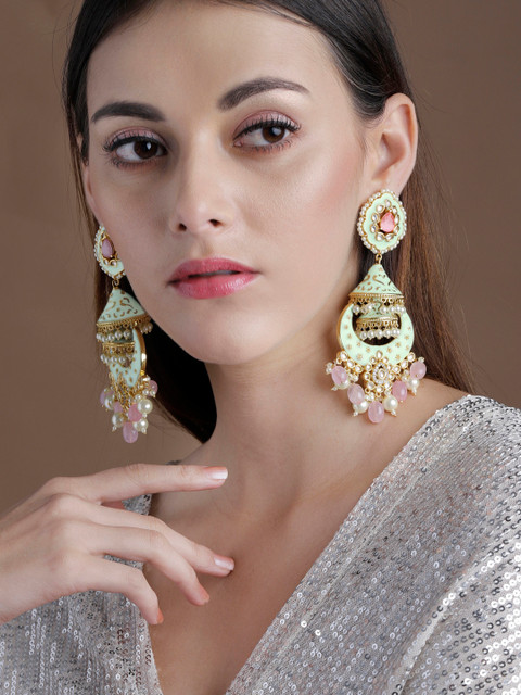 

rubans LUXURY Green Gold Plated Meenakari Crescent Shaped Jhumkas