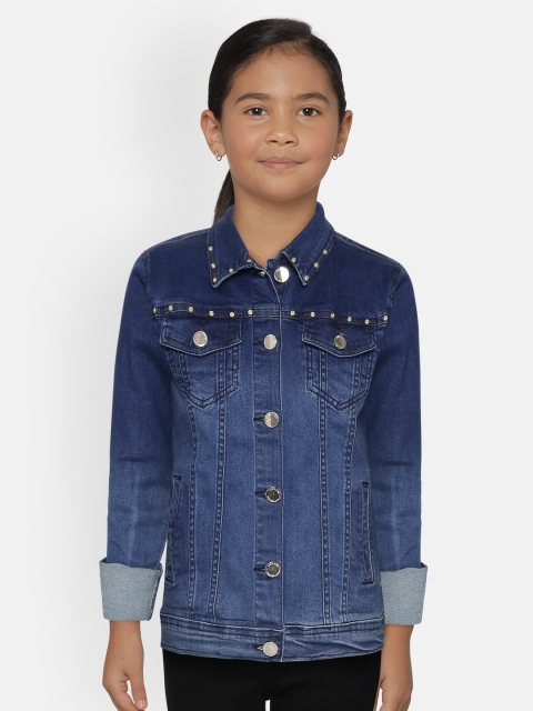 

Gini and Jony Girls Navy Blue Washed Denim Jacket With Brooches