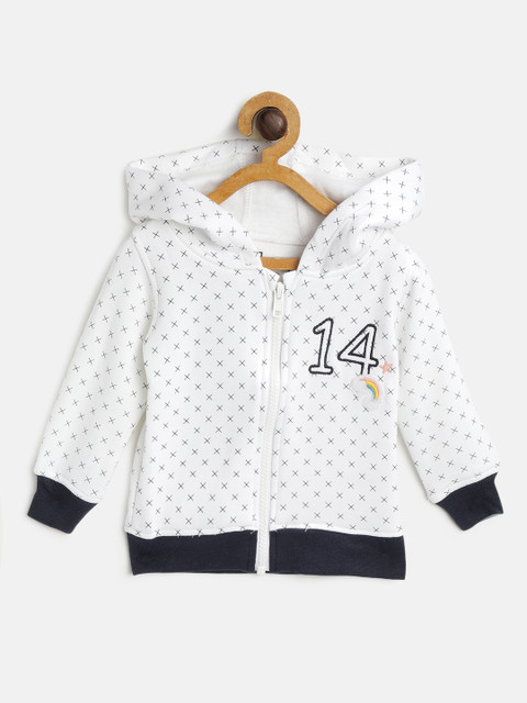 

Gini and Jony Girls White & Navy Blue Printed Hooded Sweatshirt with Applique Detail