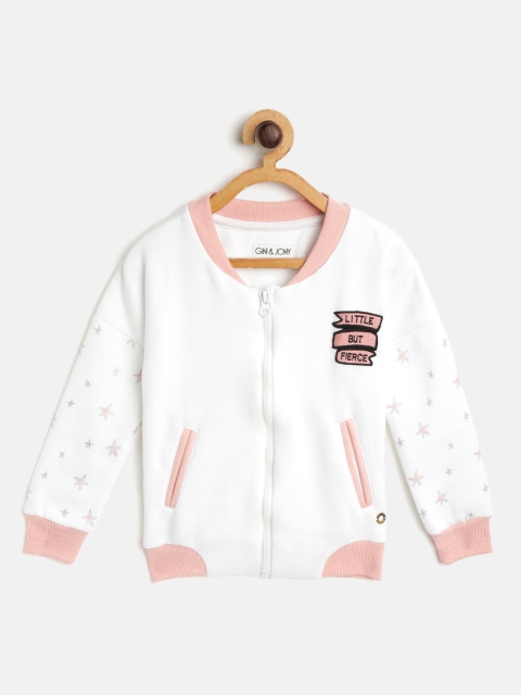 

Gini and Jony Girls White & Peach-Coloured Solid Sweatshirt with Printed & Applique Detail