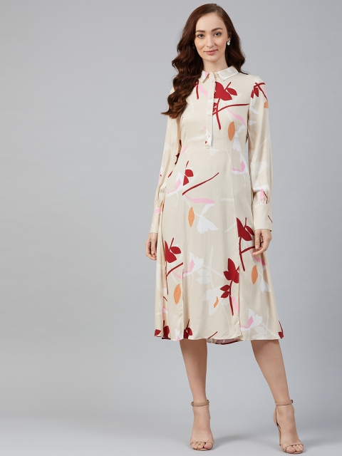 

Marks & Spencer Women Cream-Coloured & Maroon Printed Shirt Dress