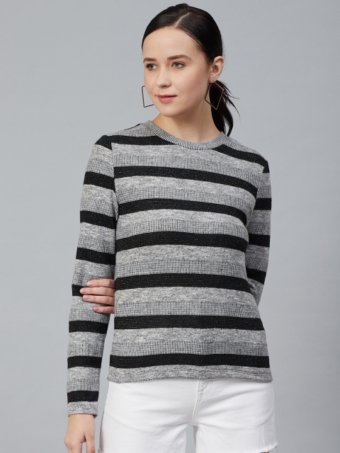 

Marks & Spencer Women Grey Melange & Black Striped Pullover Sweater