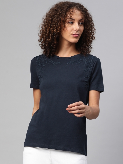 

Marks & Spencer Navy Blue Floral Embroidered Pure Cotton Regular Top