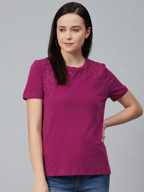 

Marks & Spencer Women Magenta Floral Embroidered Detail Solid Round Neck T-shirt