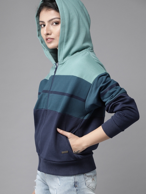 

Roadster Women Blue & Sea Green Colourblocked Hooded Sweatshirt