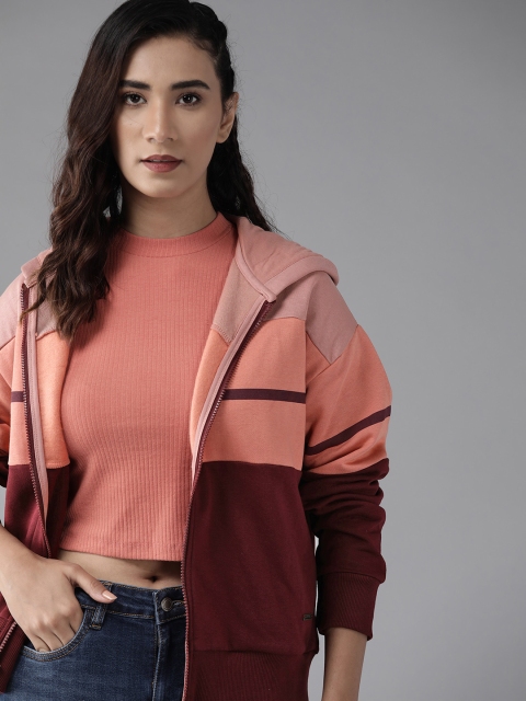 

Roadster Women Peach-Coloured & Maroon Colourblocked Hooded Sweatshirt