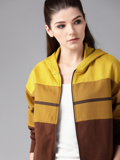 

Roadster Women Mustard Yellow & Brown Striped Hooded Sweatshirt