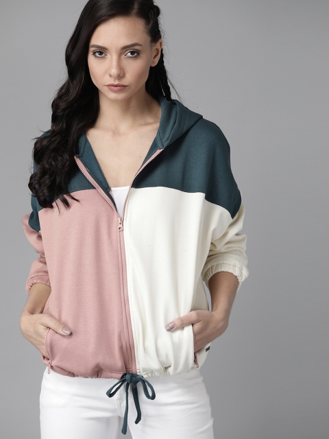 

Roadster Women Teal Blue & Pink Colourblocked Hooded Sweatshirt