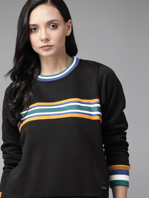 

Roadster Women Black & Blue Antiviral Protective Finish Striped Sweatshirt