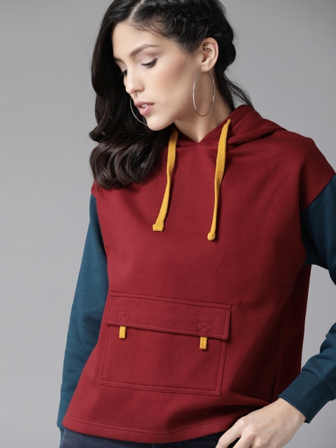 

Roadster Women Maroon & Teal Blue Solid Hooded Sweatshirt