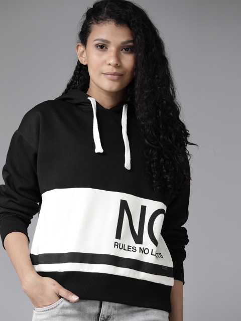 

Roadster Women Black & Off-White Colourblocked Hooded Sweatshirt