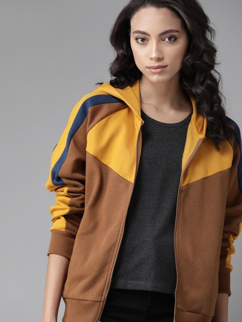 

Roadster Women Brown & Mustard Colourblocked Hooded Sweatshirt
