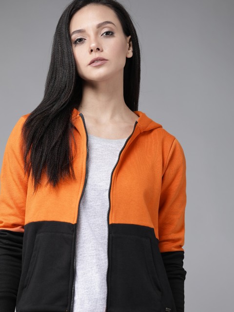 

Roadster Women Orange & Black Colourblocked Hooded Sweatshirt