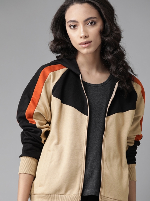 

Roadster Women Beige & Black Colourblocked Hooded Sweatshirt