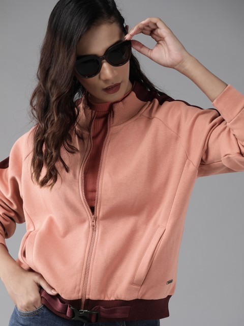 

Roadster Women Peach-Colour Solid Sweatshirt with Side Taping Detail & Clip Buckle Detail