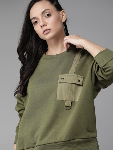 

Roadster Women Olive Green Solid Sweatshirt